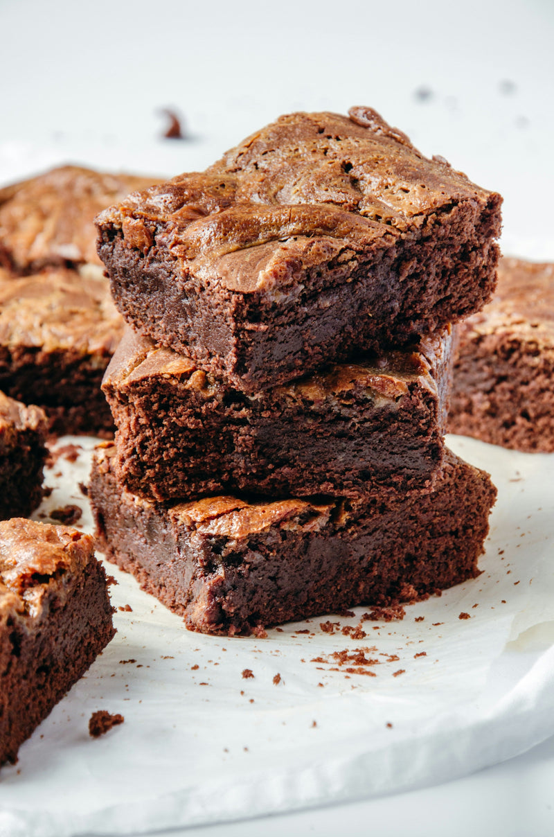 A stack of fudgy chocolate espresso brownies
